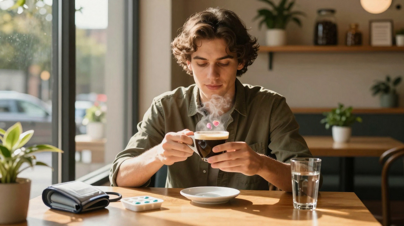 Jovem sentado a segurar uma chávena de café fumegante com corações rosa, numa esplanada acolhedora.