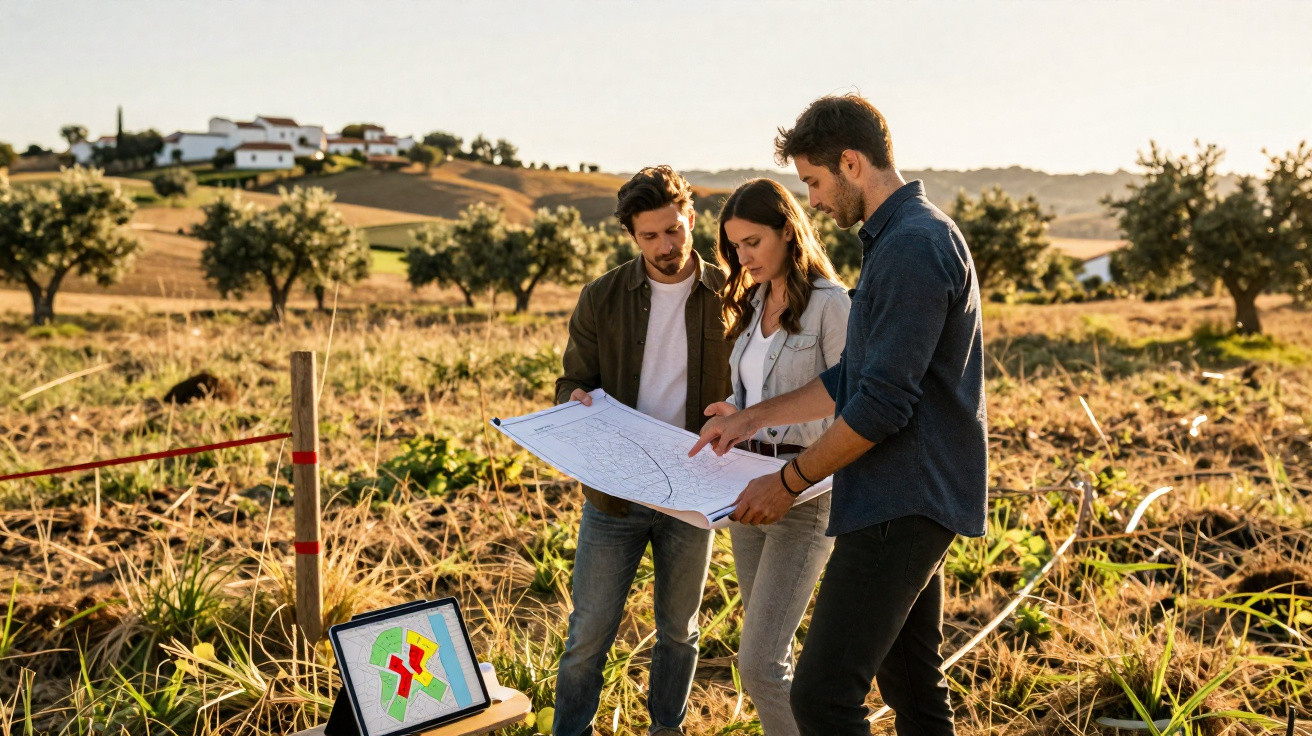Três pessoas analisam um mapa numa terreno agrícola ao entardecer, com um computador portátil ao lado.