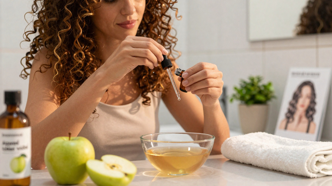 Mulher a preparar máscara facial caseira com maçã verde e óleo essencial numa tigela transparente.