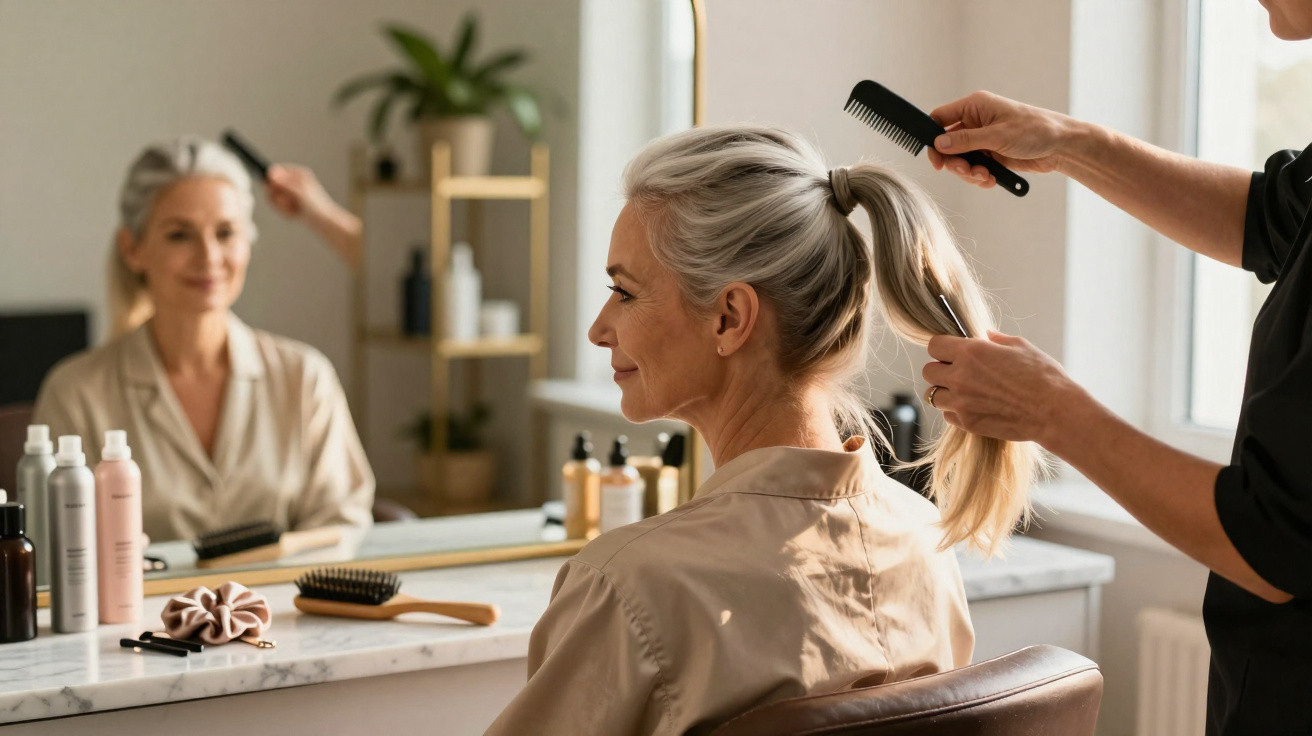 Mulher de cabelo grisalho apanha o cabelo com a ajuda de cabeleireiro num salão moderno.