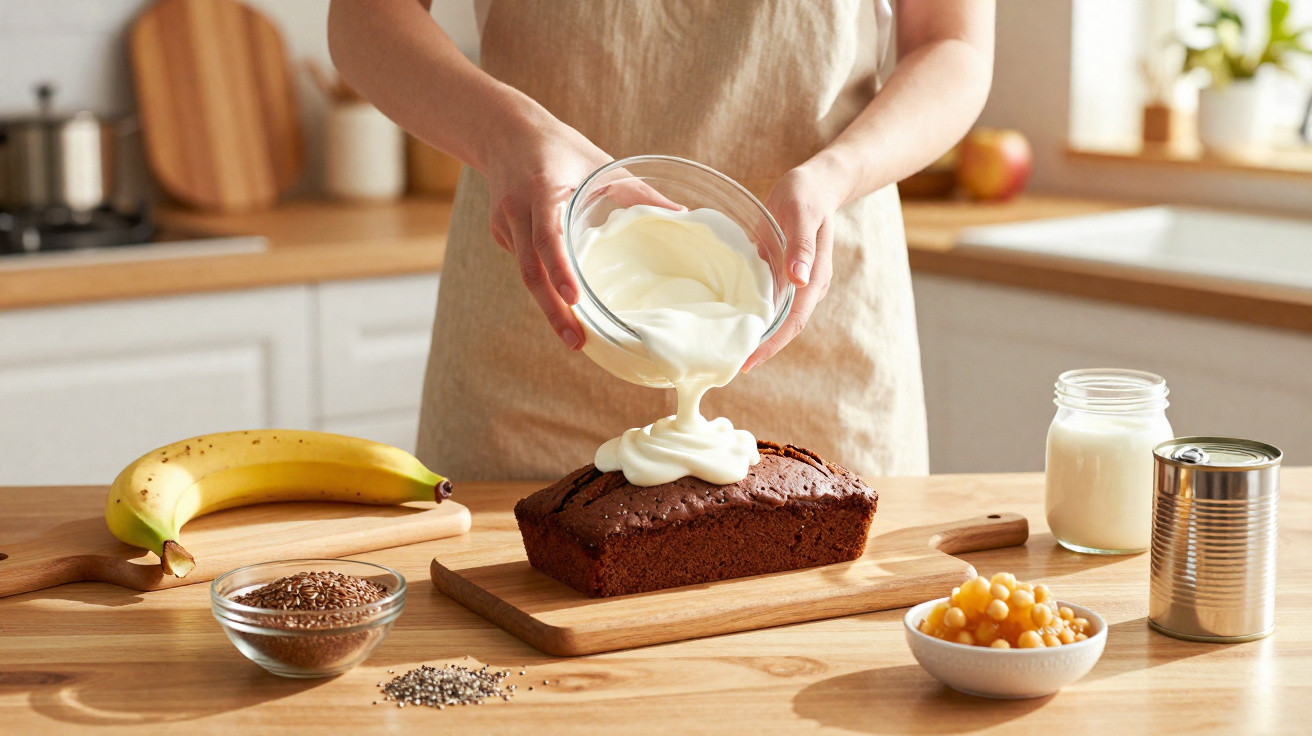 Pessoa a despejar creme sobre bolo de chocolate numa cozinha com fruta e ingredientes à volta.