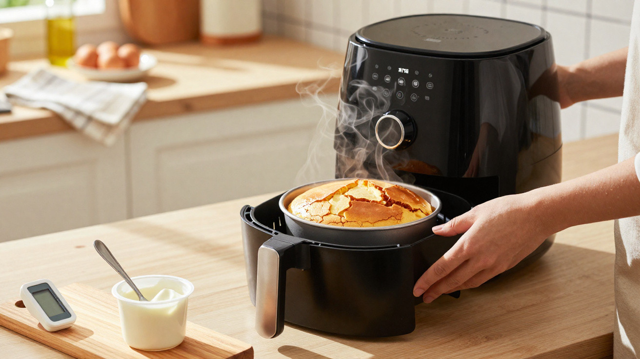 Mãos a retirar bolo quente acabado de cozinhar numa fritadeira elétrica numa cozinha luminosa.