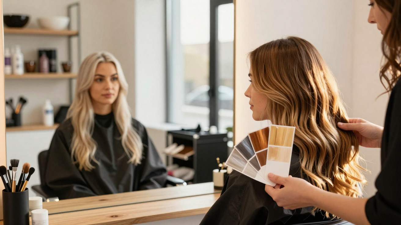 Cliente sentada frente a espelho no cabeleireiro enquanto profissional compara tons de cabelo.