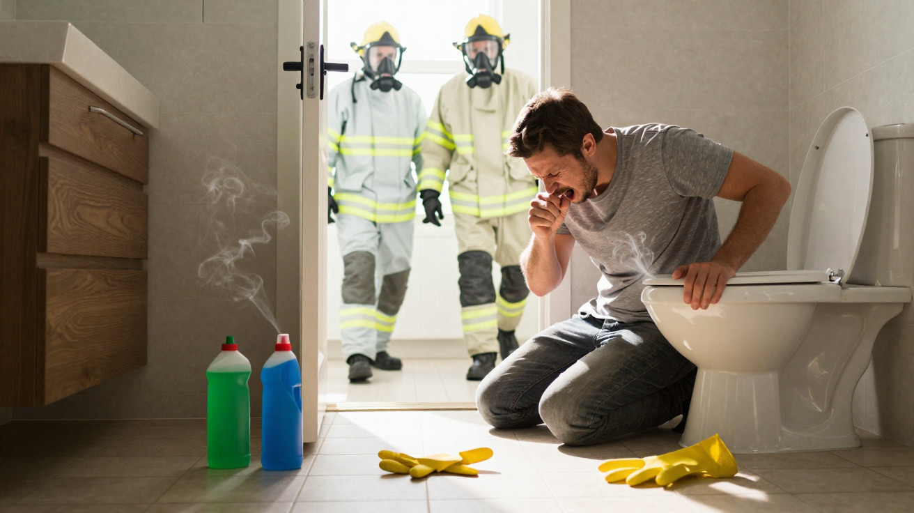 Homem sentado no chão da casa de banho a tossir enquanto bombeiros de máscara entram na divisão.