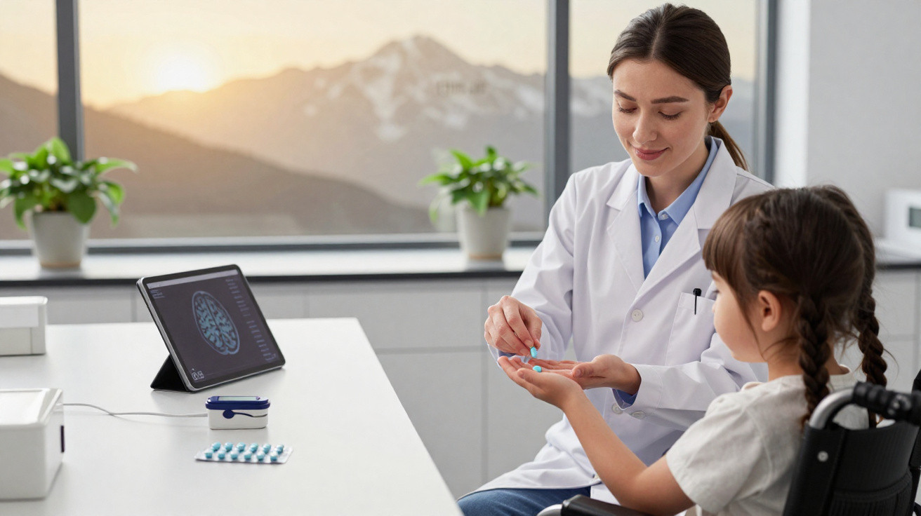 Médica a dar comprimido a uma criança em cadeira de rodas num consultório com imagem de cérebro num tablet.