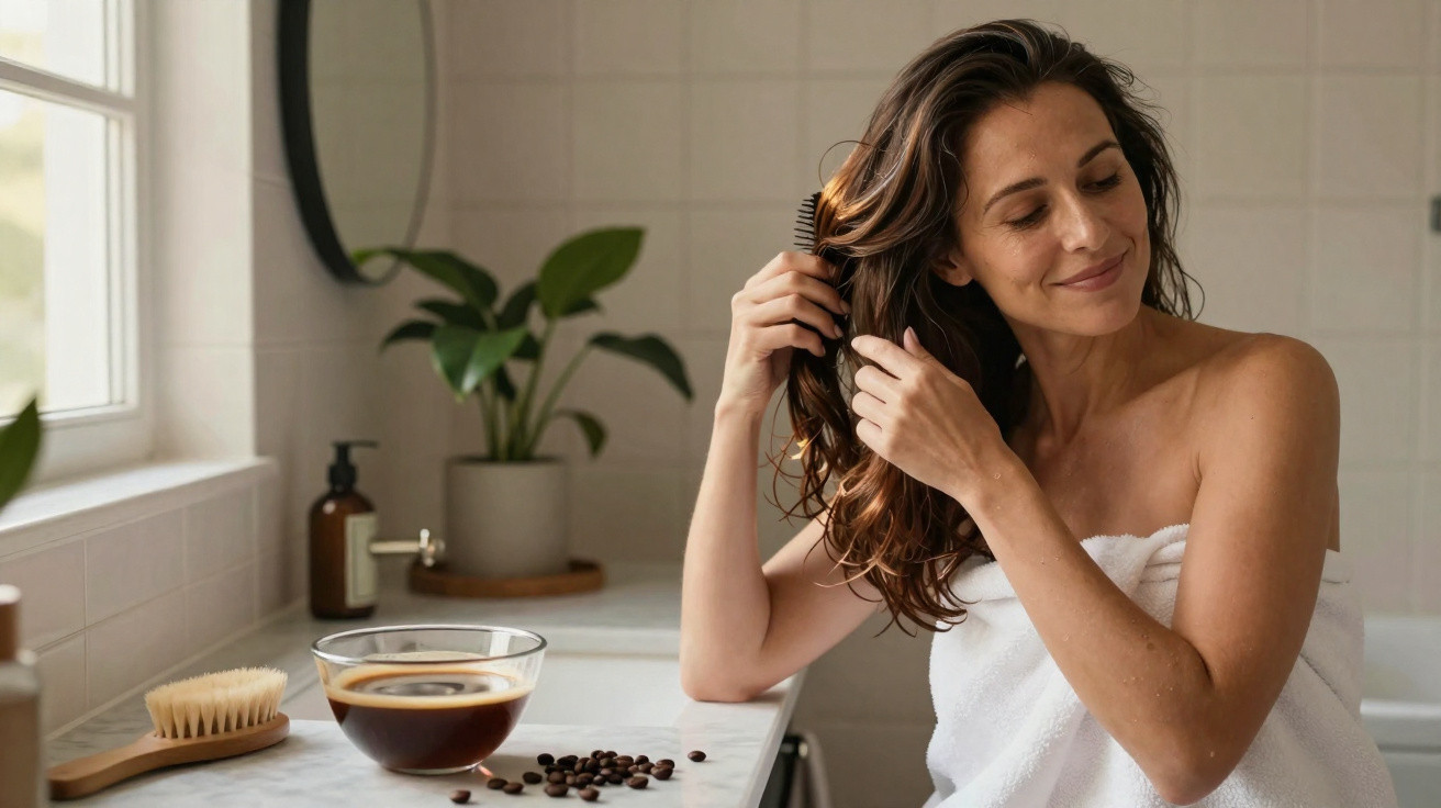 Mulher a pentear o cabelo após o banho numa casa de banho clara, com planta e café sobre a bancada.