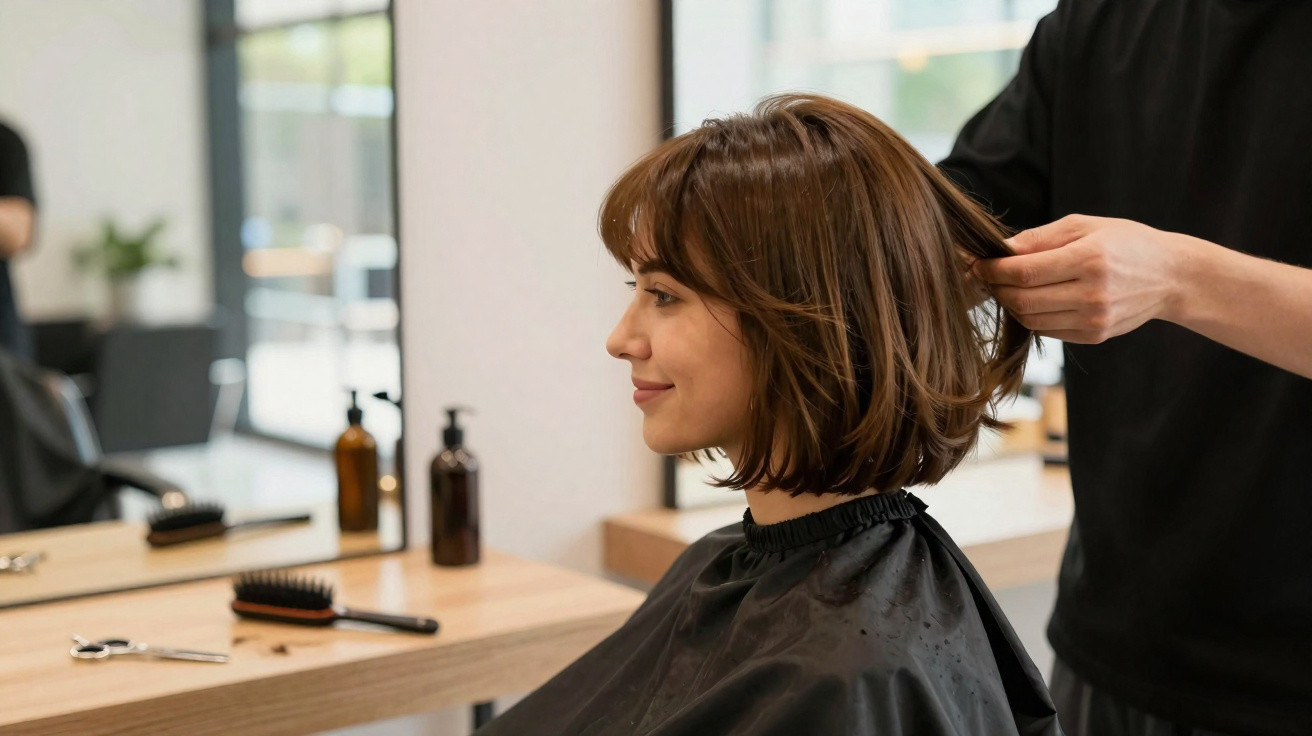 Mulher com cabelo curto castanho a ser penteada por cabeleireiro num salão moderno e iluminado.