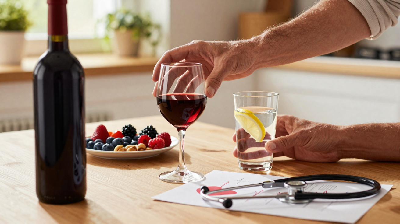 Mãos seguram copos de vinho tinto e água com limão numa mesa com fruta, frutos secos, garrafa e estetoscópio.