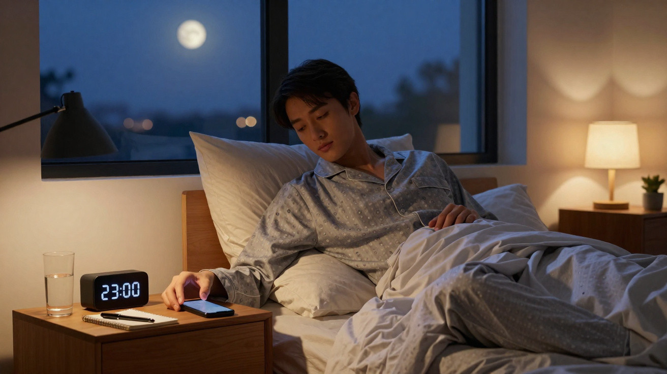 Homem de pijama na cama à noite a pegar o telemóvel numa mesa com relógio a mostrar 23:00.