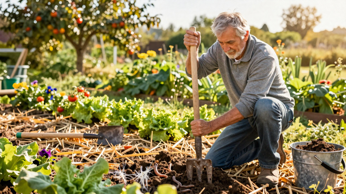Homem idoso a cultivar a terra numa horta rodeada de plantas e sol brilhante ao fundo.