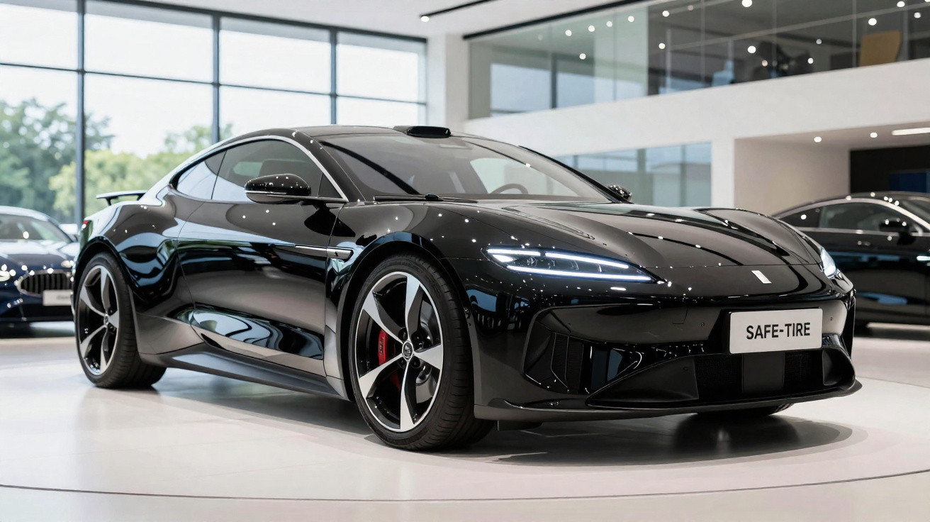 Carro desportivo elétrico preto com design aerodinâmico, exibido num showroom moderno e iluminado.