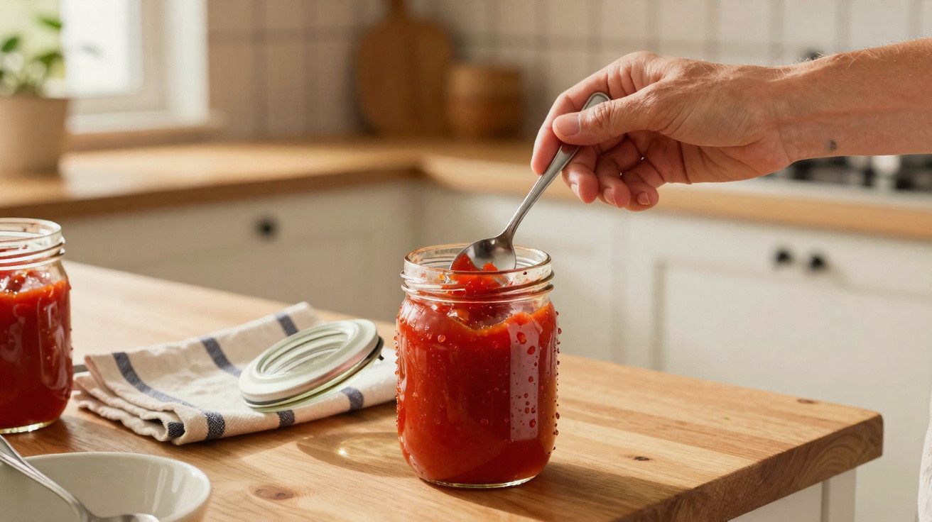Mão a mexer polpa de tomate num frasco de vidro numa cozinha com bancadas de madeira clara.