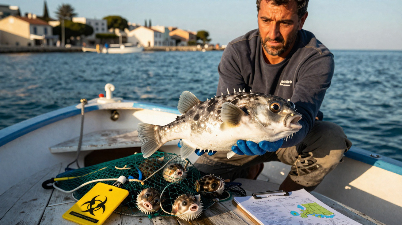 Homem em barco a segurar peixe baiacu junto a rede com mais peixes e documento no convés.