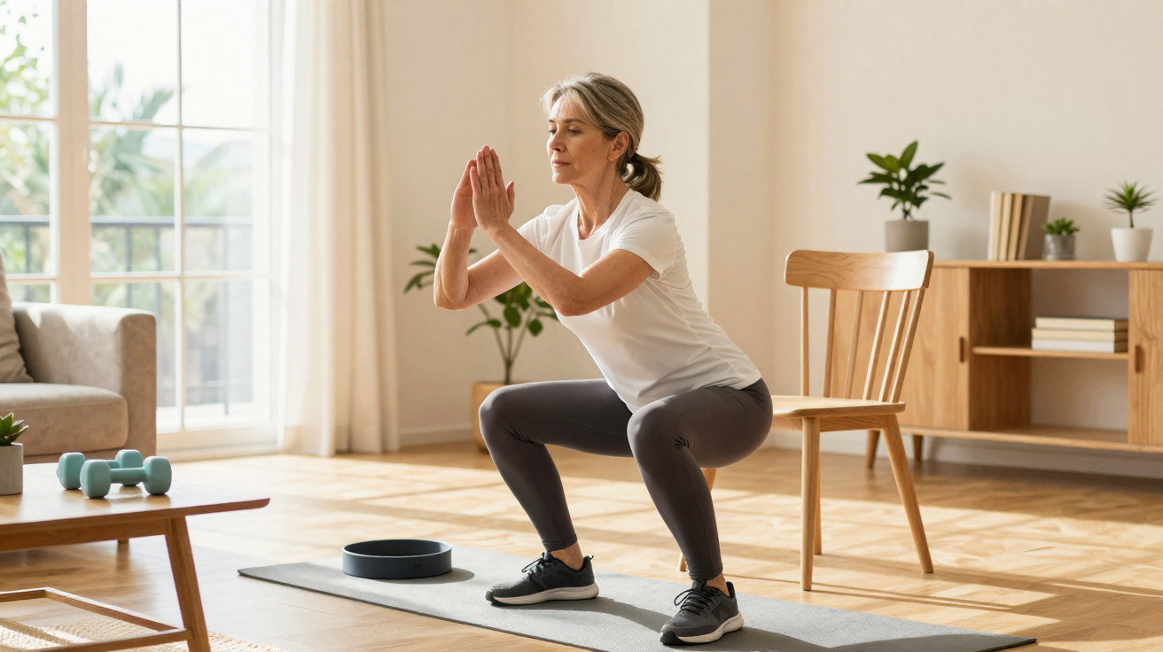 Mulher madura a fazer agachamento em tapete de yoga numa sala com cadeira e plantas ao fundo.
