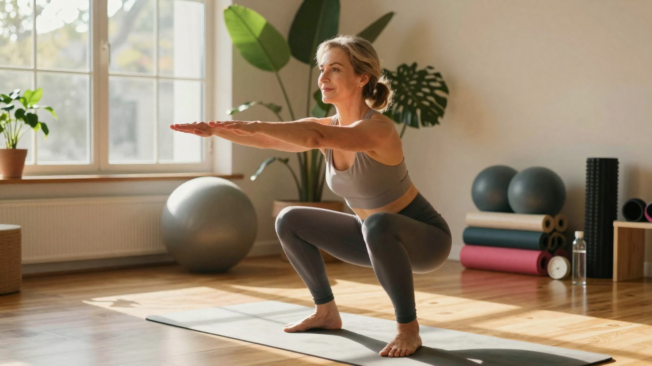 Mulher a praticar agachamento numa sala iluminada com tapete e equipamentos de fitness ao fundo.