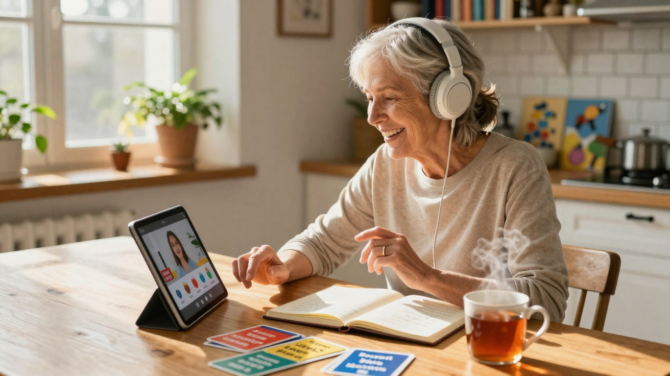 Mulher sénior com headphones a aprender online, com livro aberto e chá numa cozinha iluminada.