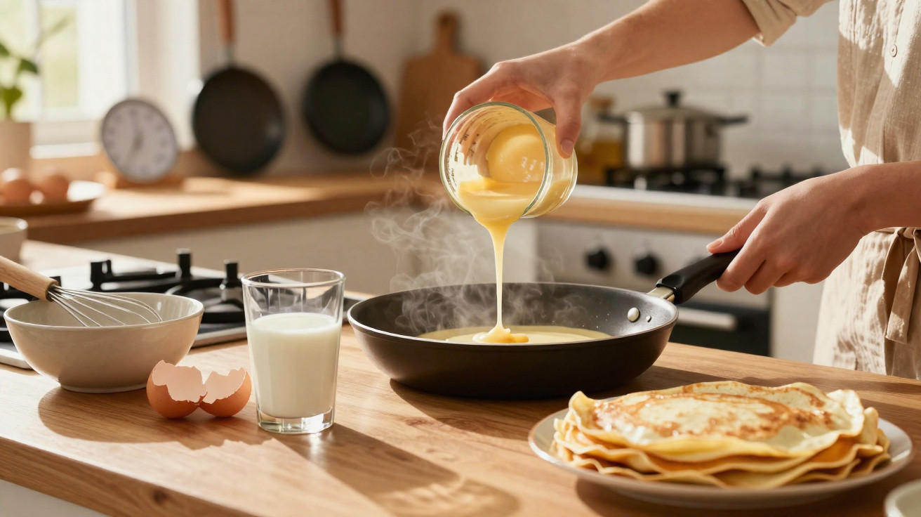 Pessoa a verter massa para panquecas numa frigideira quente numa cozinha, com ovos, leite e panquecas prontas na bancada.