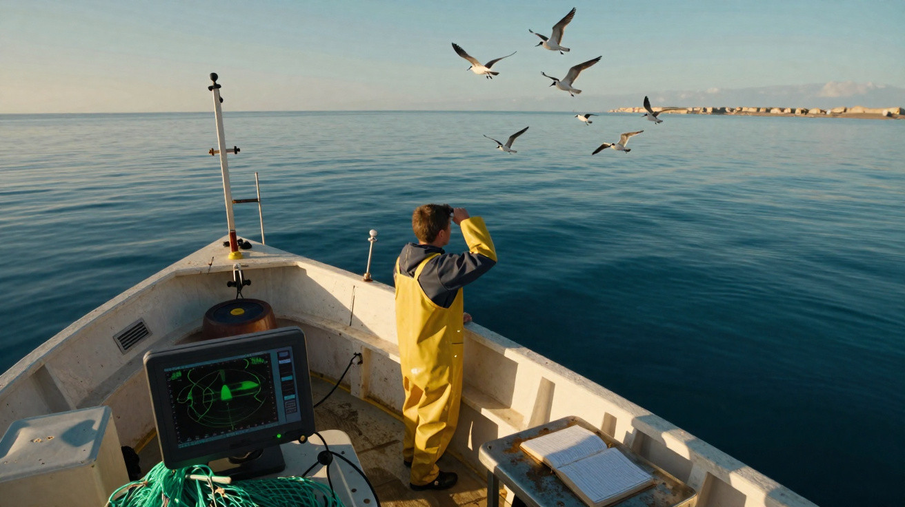 Pescador de fato amarelo na proa de barco observando gaivotas no mar calmo ao amanhecer.