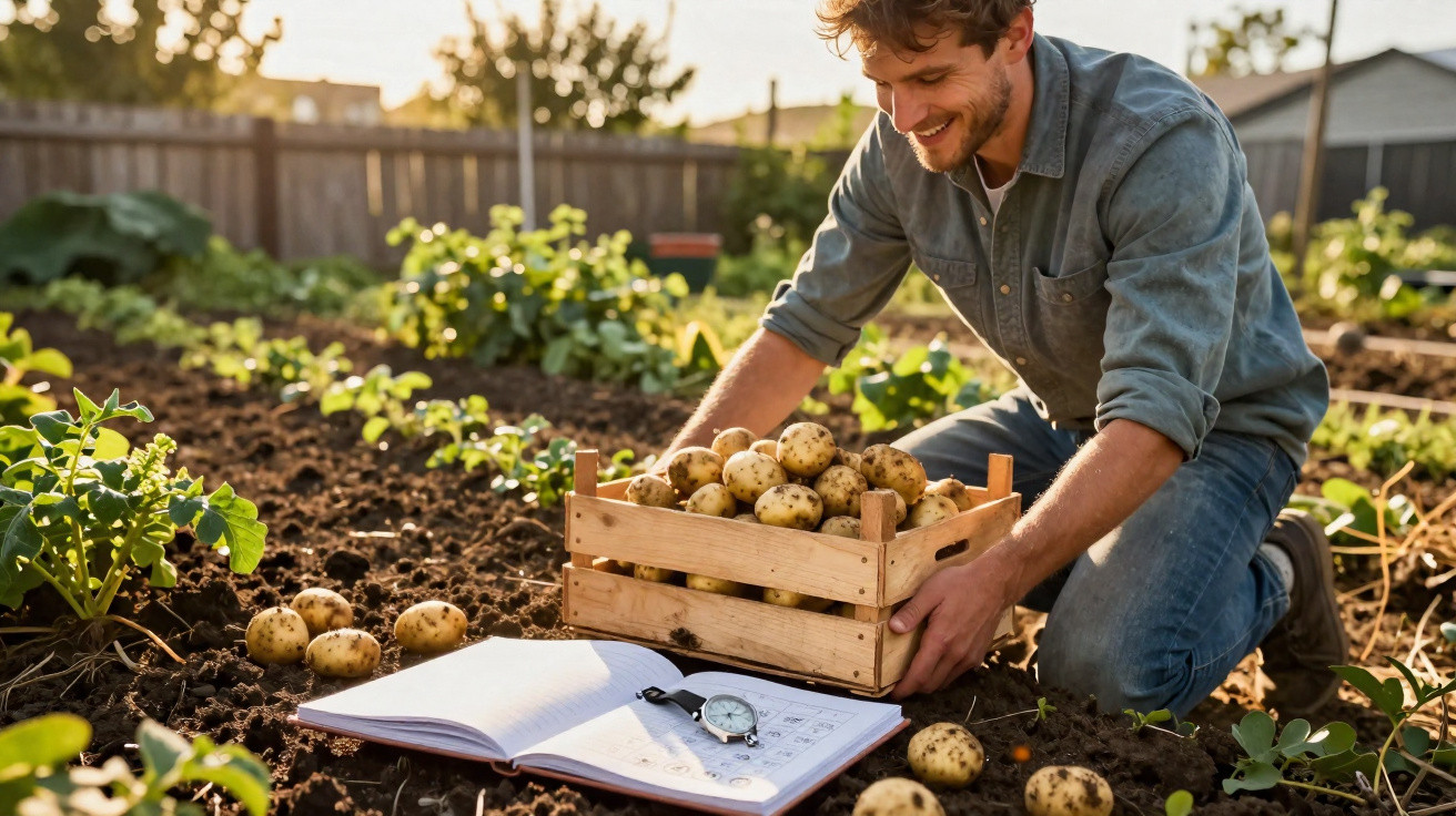 Homem a colher batatas e a colocar numa caixa de madeira num campo de cultivo ao sol.
