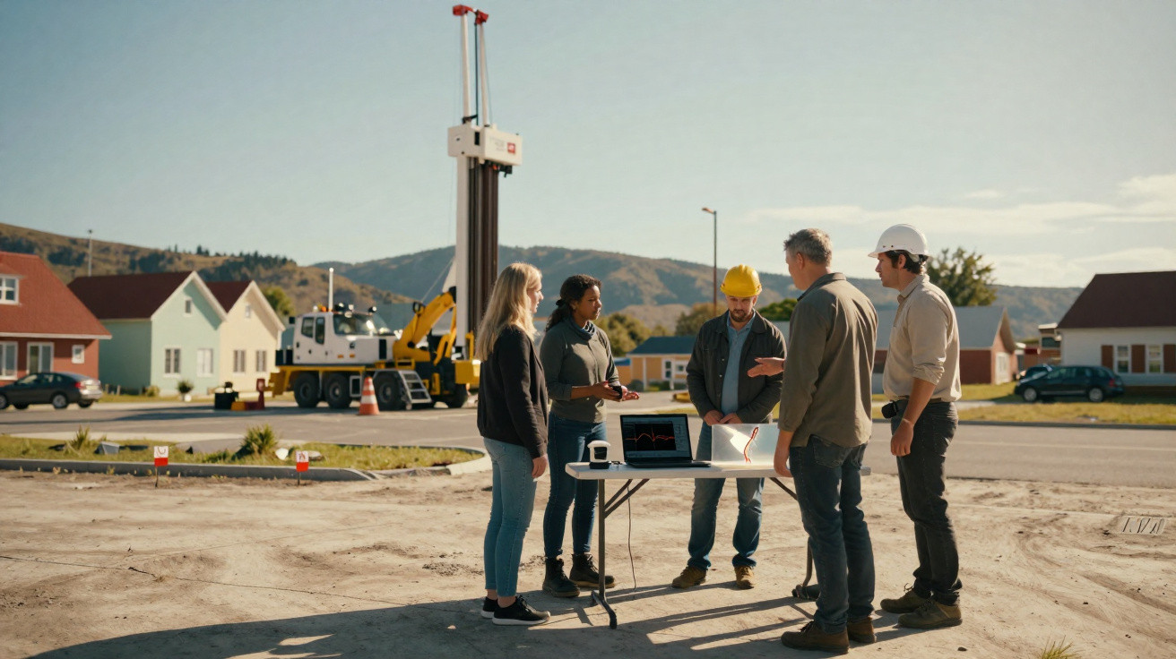 Equipa de construção em briefing junto a mesa com portátil e equipamento, terreno aberto e casas ao fundo.