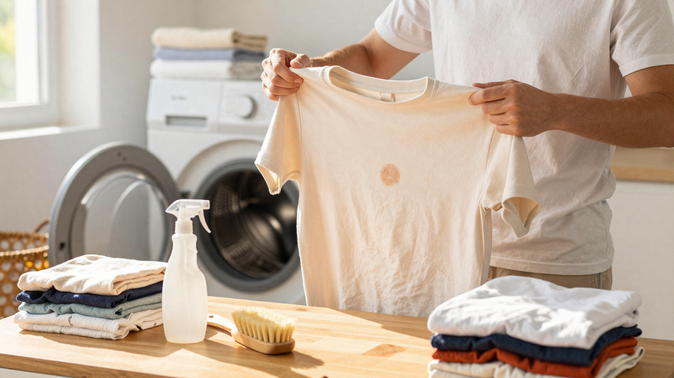 Pessoa segurando t-shirt branca com nódoa em frente a máquina de lavar e mesa com roupa dobrada e escova.