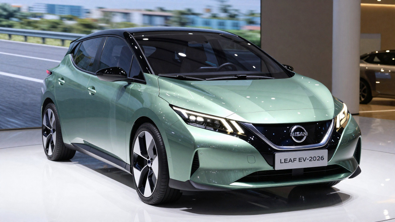 Automóvel elétrico Nissan Leaf EV 2026 verde em exposição numa feira automóvel.