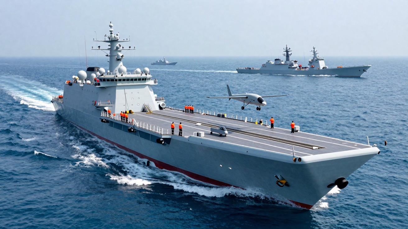 Porta-aviões militar a navegar no mar com drone a descolar e dois navios militares ao fundo.