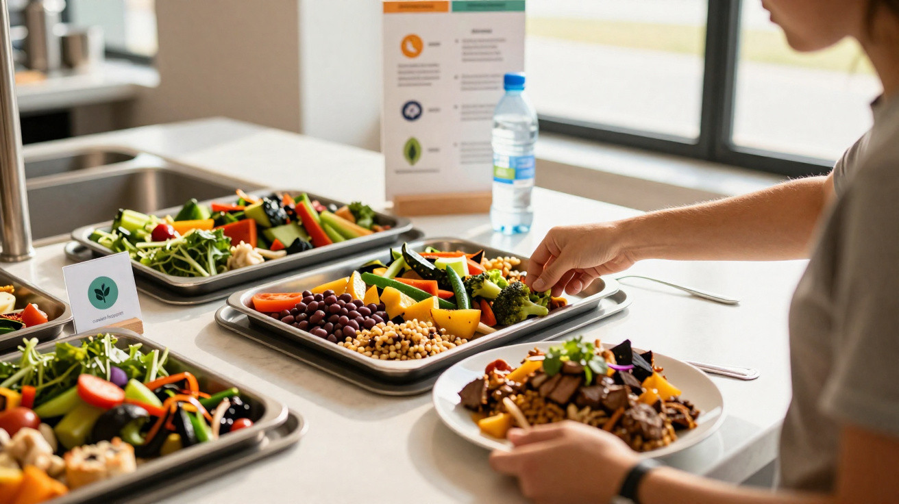 Pessoa a servir-se com alimentos vegetarianos coloridos numa mesa iluminada junto à janela.