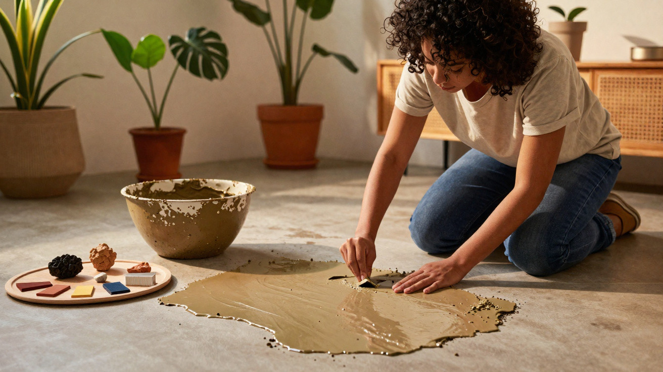 Mulher a trabalhar com barro no chão, rodeada de plantas e materiais de cerâmica.