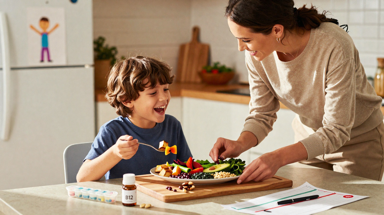 Criança e mulher sorridentes a preparar e comer uma salada colorida numa cozinha moderna.