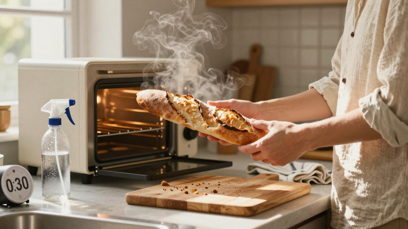 Pessoa a retirar pão quente e fumegante de forno elétrico numa cozinha moderna.