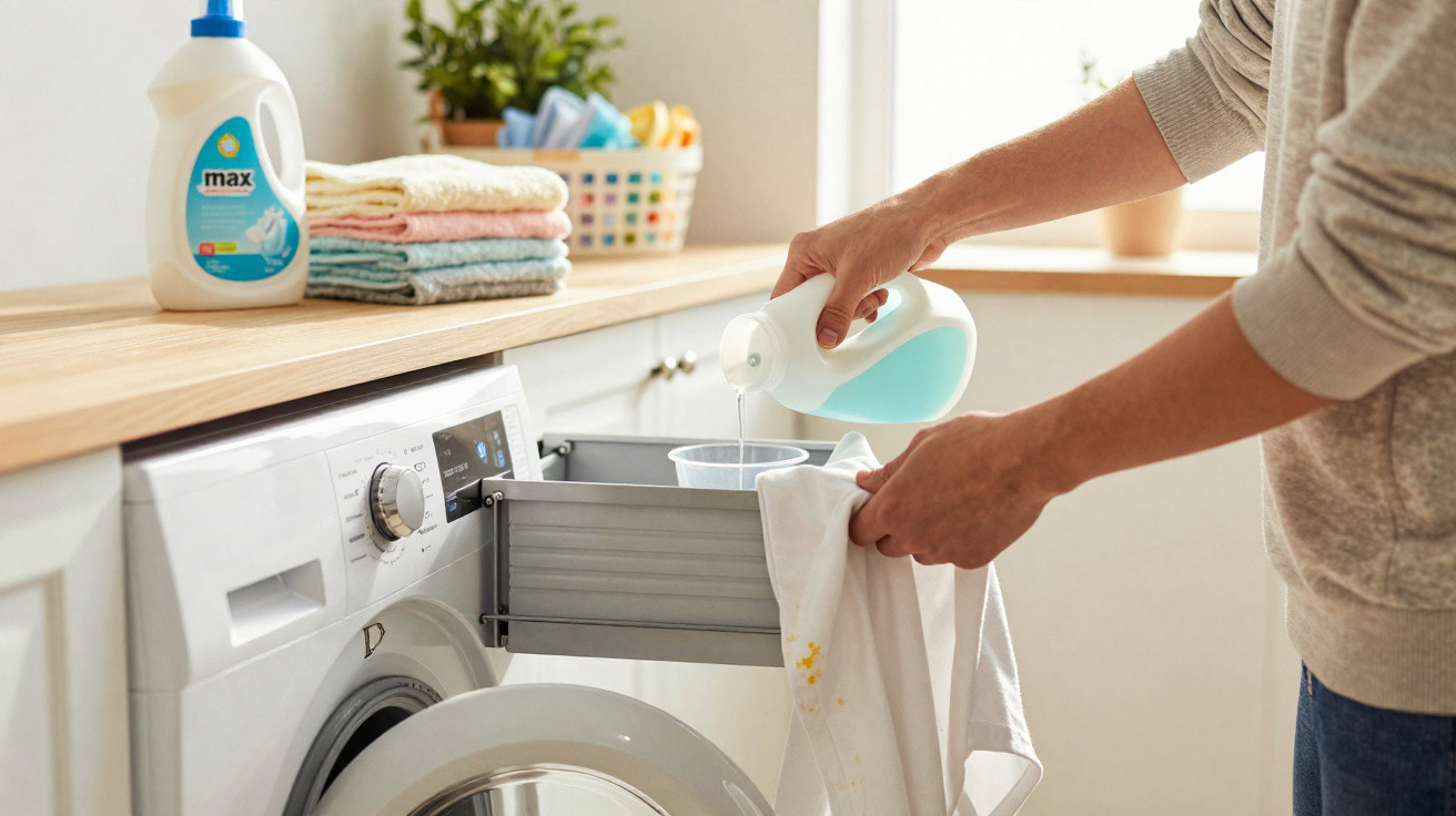 Pessoa a despejar detergente num medidor para lavar roupa suja numa máquina de lavar branca.