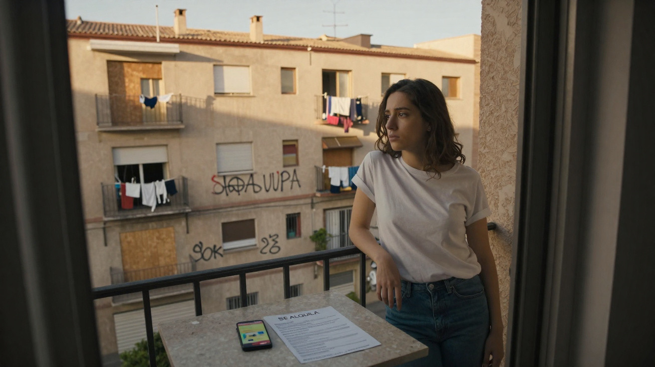 Mulher jovem numa varanda urbana olha para o horizonte, com papel de aluguel e telemóvel na mesa à sua frente.
