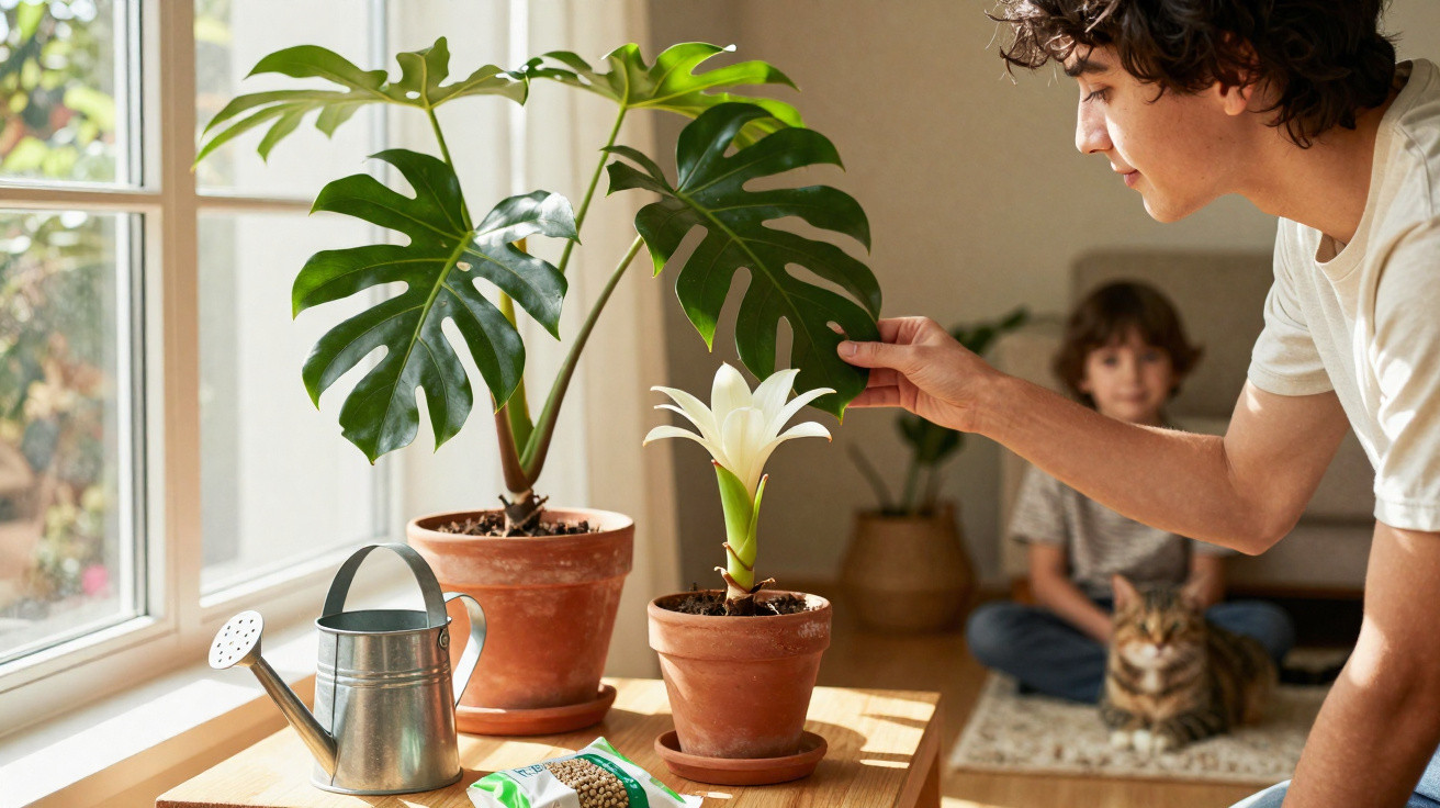 Homem a cuidar de plantas em vasos à luz natural, criança e gato ao fundo na sala.