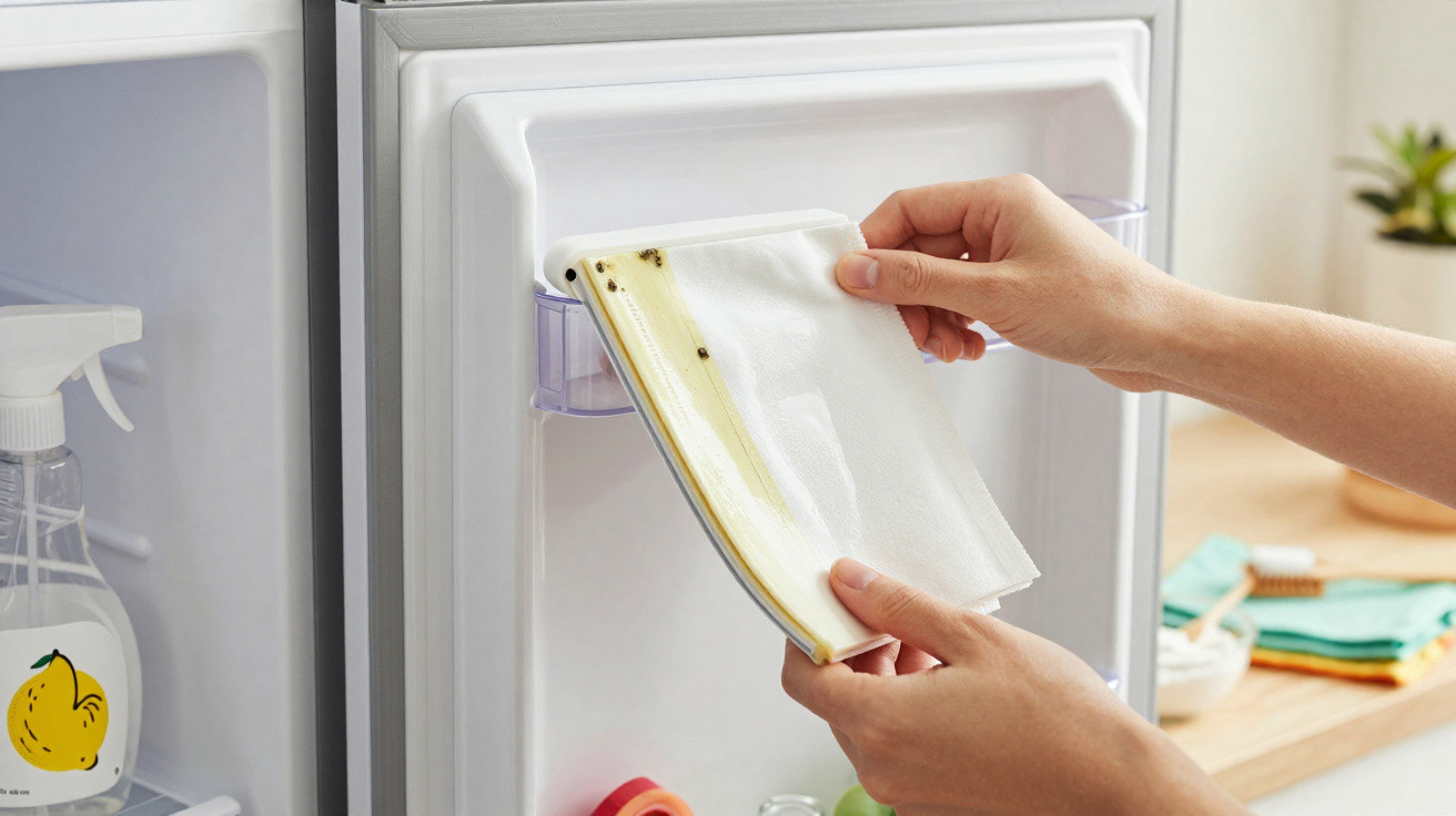 Mãos a limpar a porta do frigorífico com um pano branco, removendo manchas e sujidade.