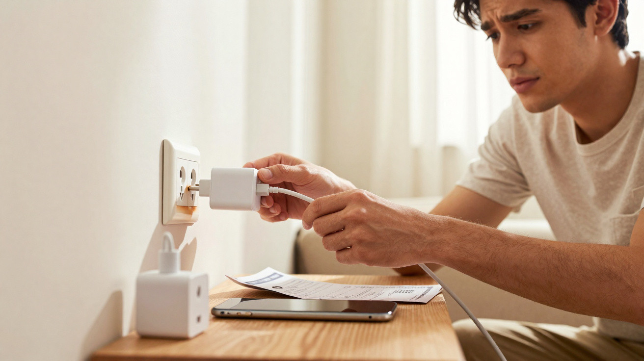 Jovem a ligar carregador a tomada elétrica com documentos e telemóvel numa mesa de madeira.