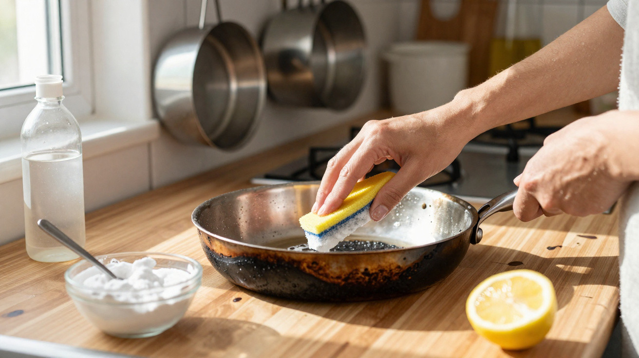 Pessoa a esfregar uma frigideira suja numa cozinha com esponja, limão e bicarbonato numa bancada de madeira.
