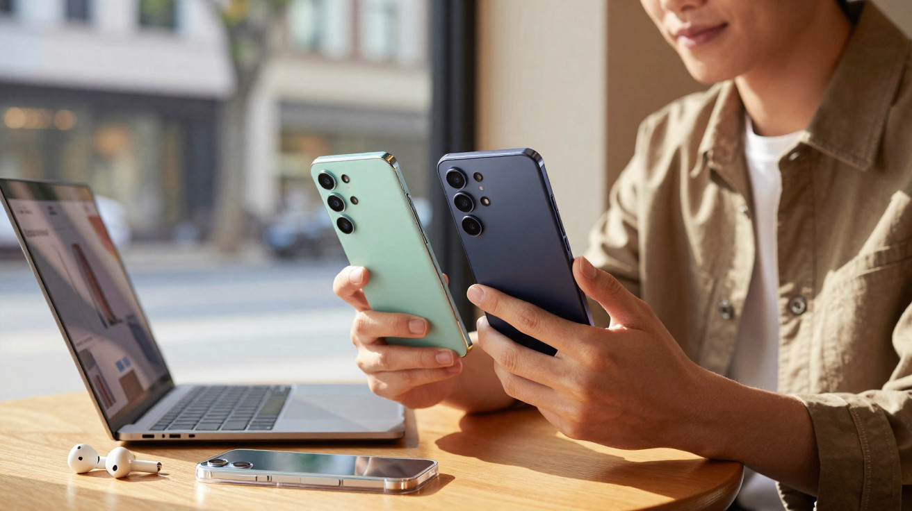 Pessoa sentada numa mesa a segurar dois smartphones, com portátil e auriculares sobre a mesa.