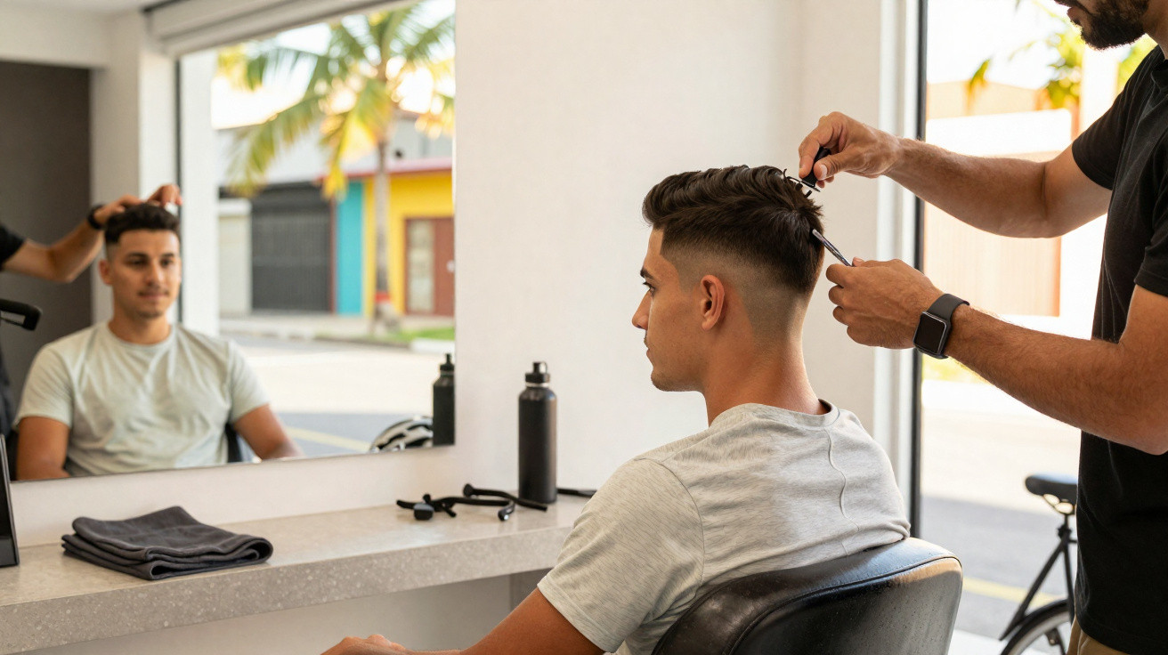Homem jovem a ser penteado por cabeleireiro, sentado numa cadeira em salão de barbearia.