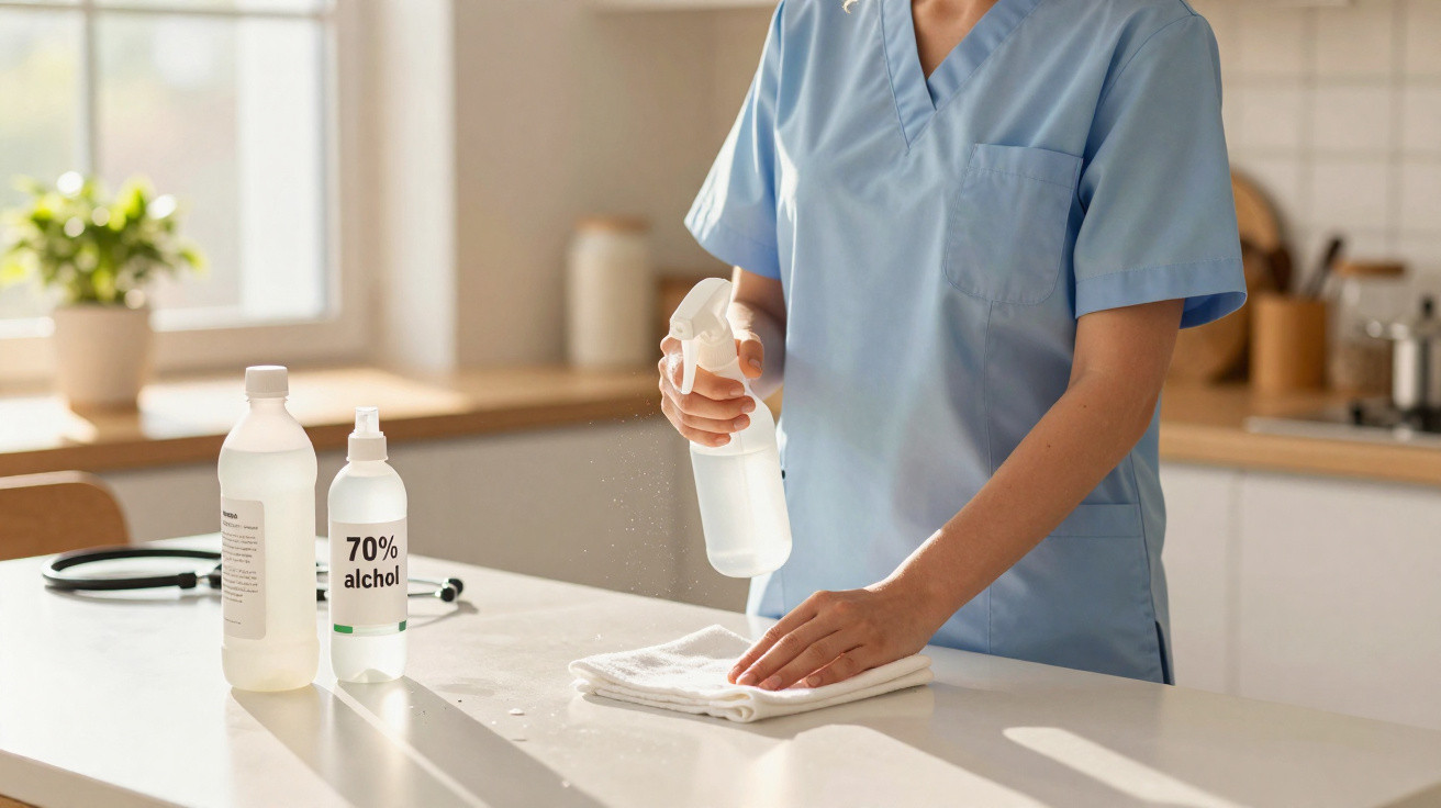 Profissional de saúde a desinfetar uma superfície branca com álcool em spray numa cozinha clara.