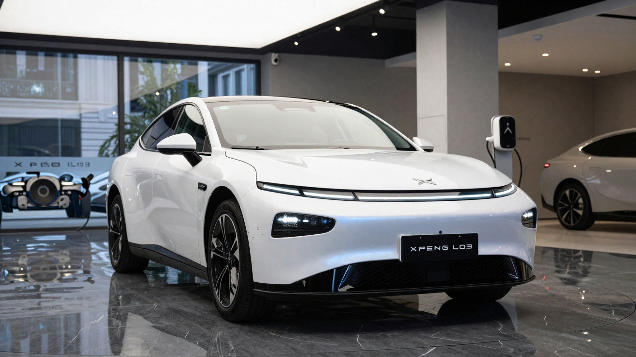 Carro elétrico branco XPeng L03 estacionado em showroom moderno com chão de mármore e iluminação indireta.