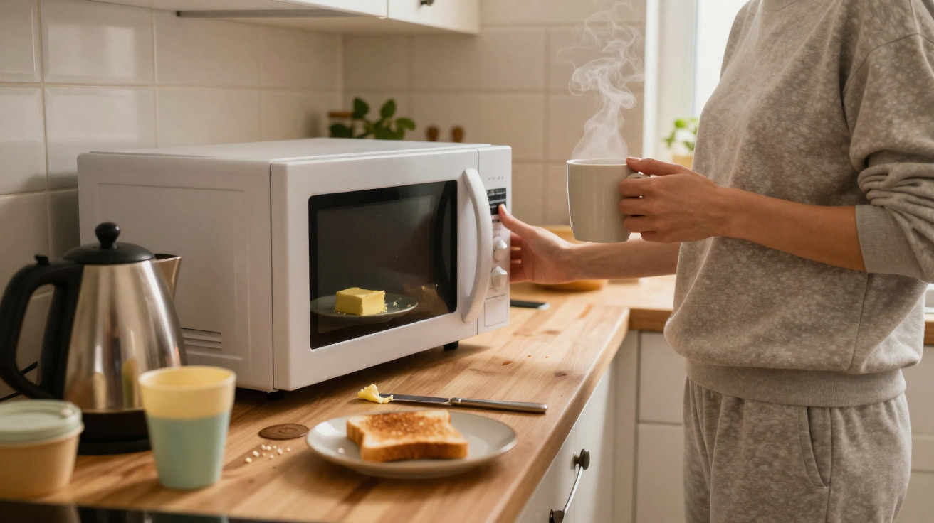 Pessoa a preparar manteiga no micro-ondas na cozinha, com chávena de chá quente na mão.