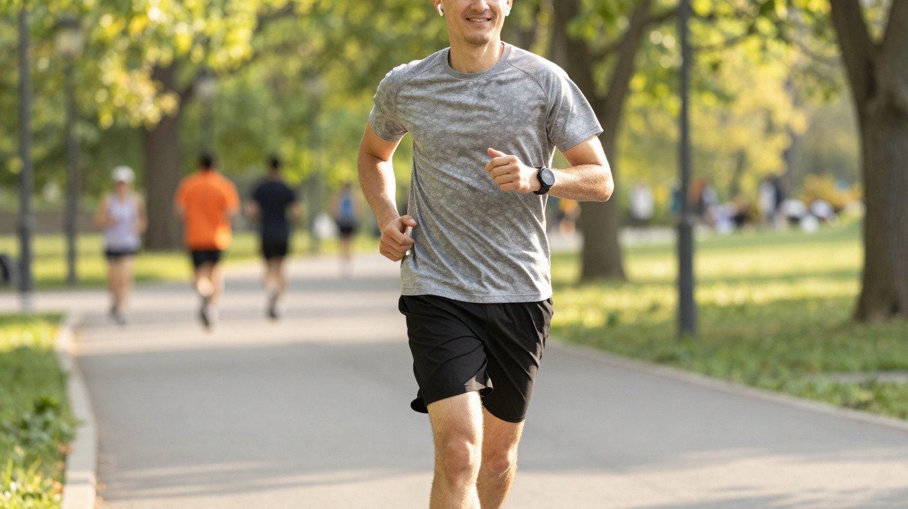 Homem a correr num parque ensolarado com outras pessoas a praticar exercício ao fundo.