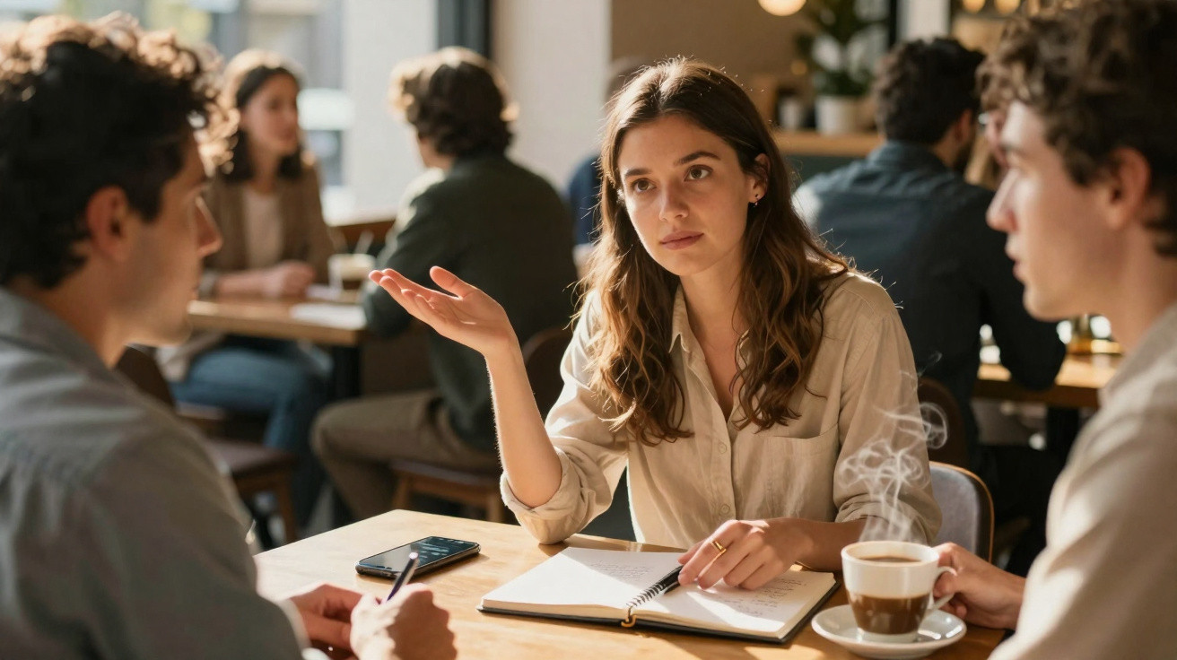 Jovem a conversar com duas pessoas numa mesa de café, com caderno aberto e chá quente.