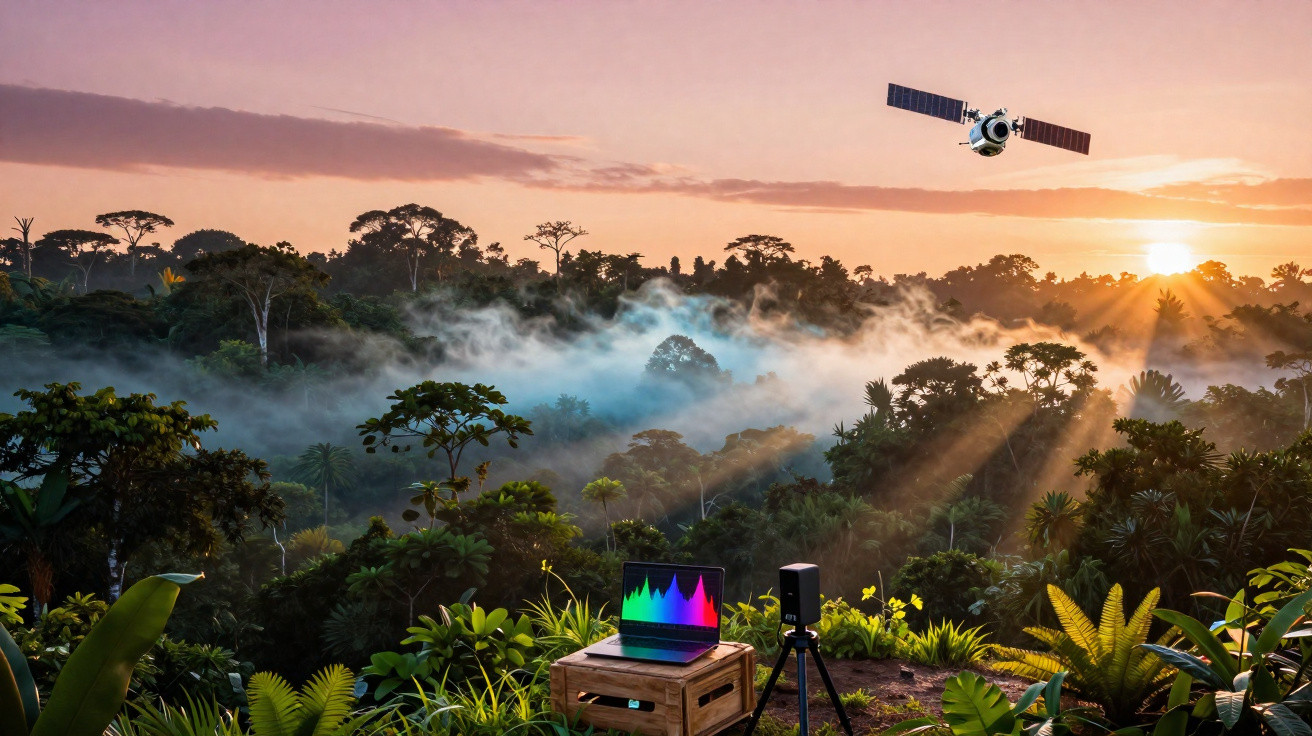 Paisagem de floresta ao nascer do sol com névoa, computador, equipamento e satélite no céu.