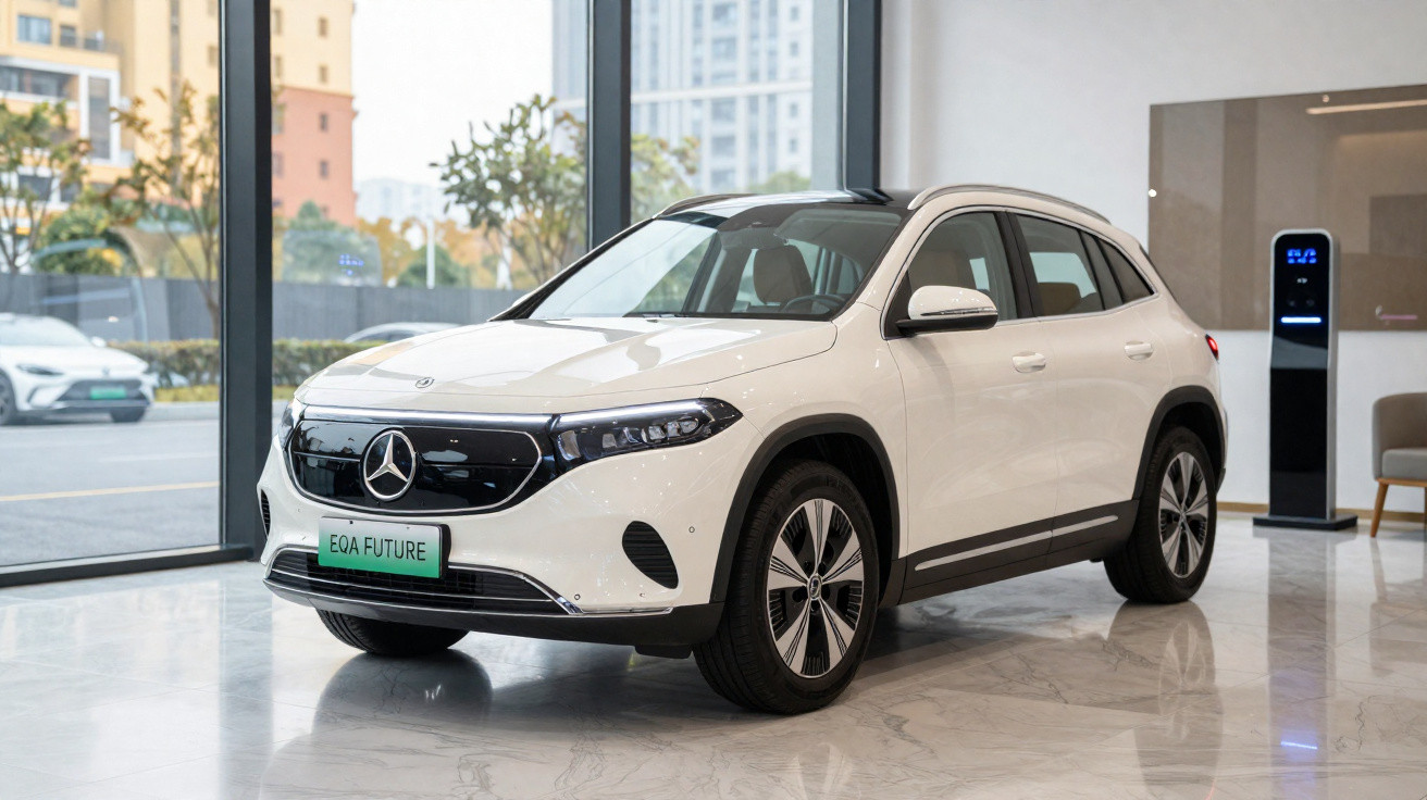 Carro elétrico Mercedes-Benz EQA Future branco em exposição numa sala com janelas de vidro e estação de carregamento.