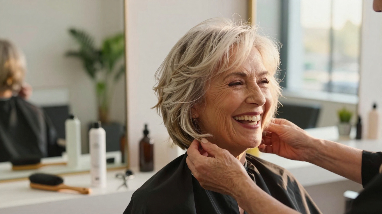 Mulher idosa sorridente recebe cuidados capilares num salão de beleza moderno e luminoso.
