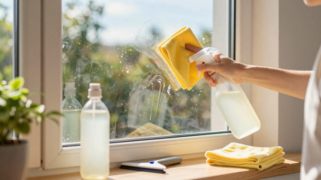 Pessoa a limpar uma janela com um spray e um pano amarelo, luz natural entra pela janela.