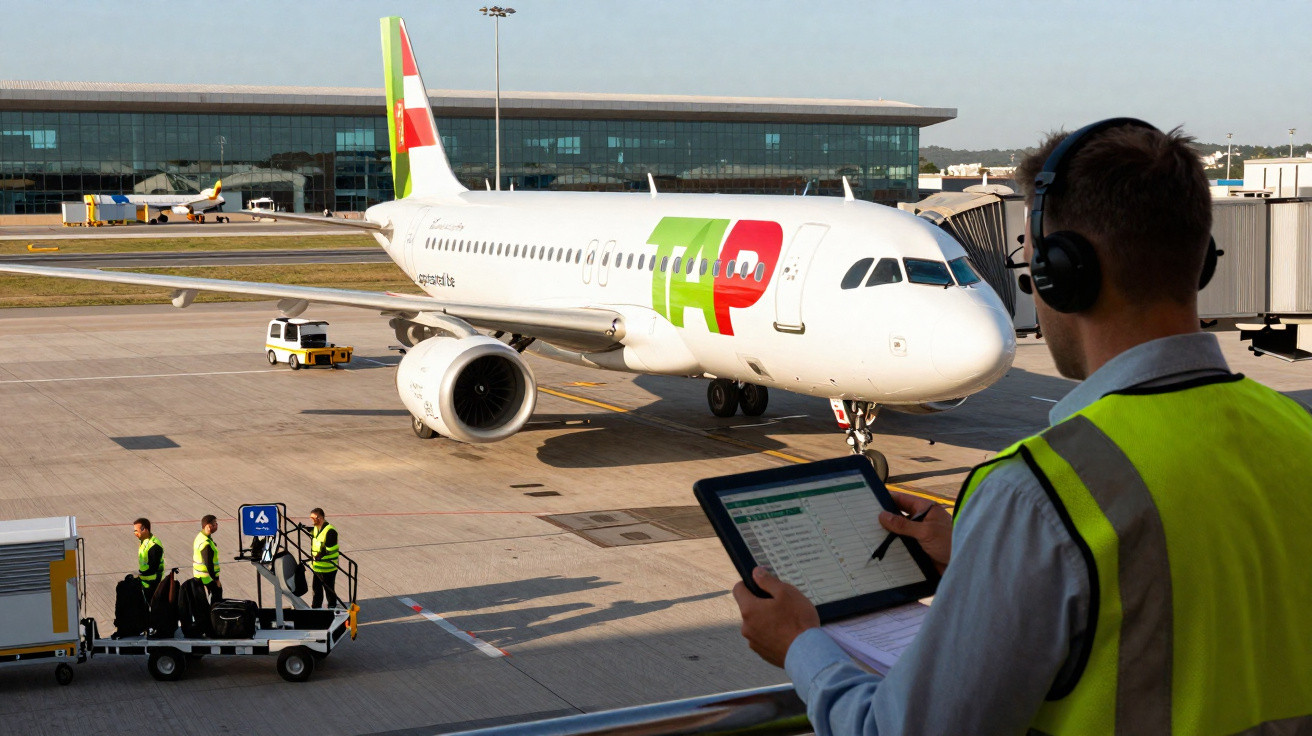Funcionário com colete refletor verifica dados num tablet no aeroporto junto a avião da TAP estacionado na pista.
