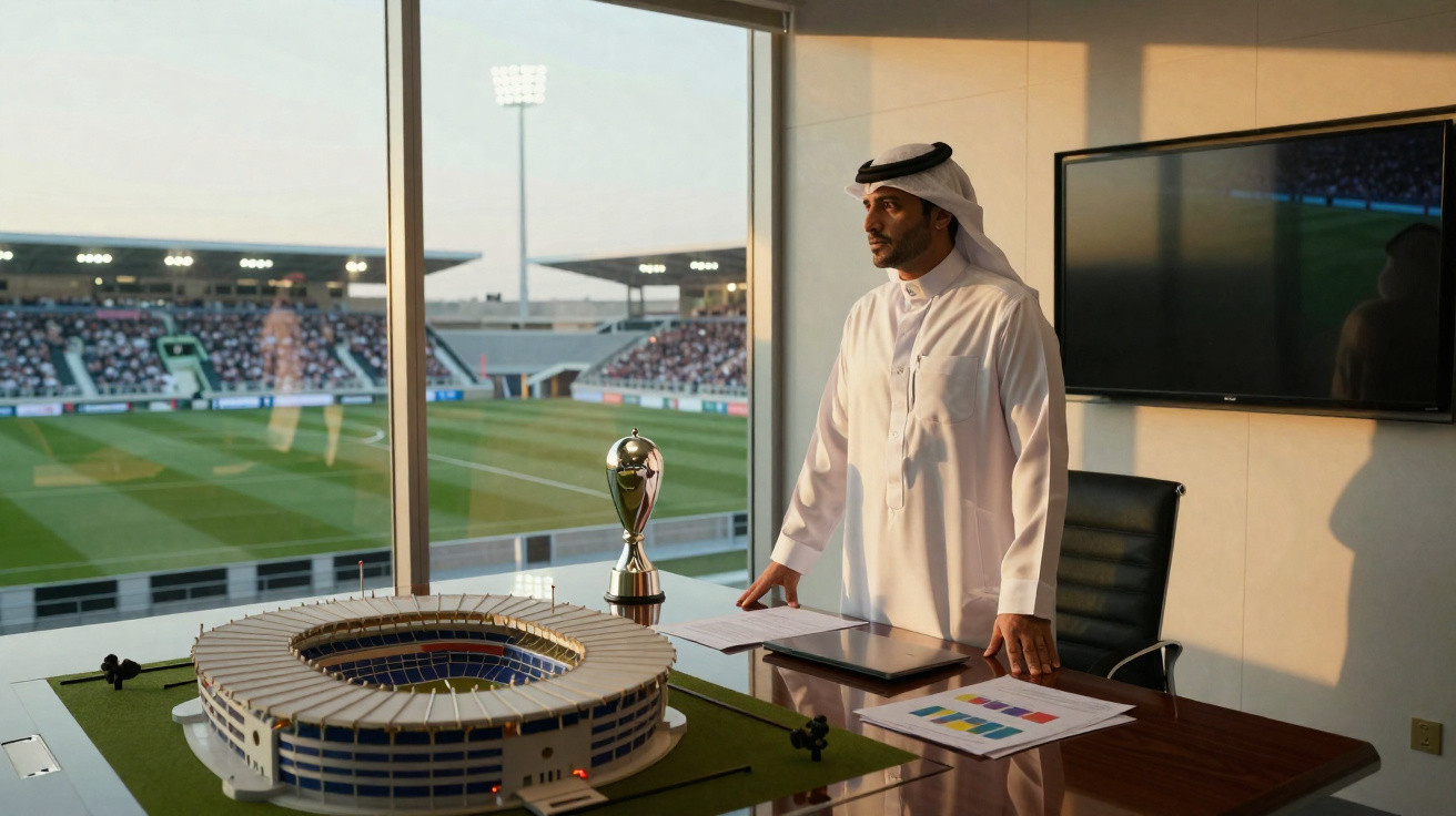 Homem árabe em escritório com maqueta de estádio, troféu e vista para o campo de futebol iluminado.